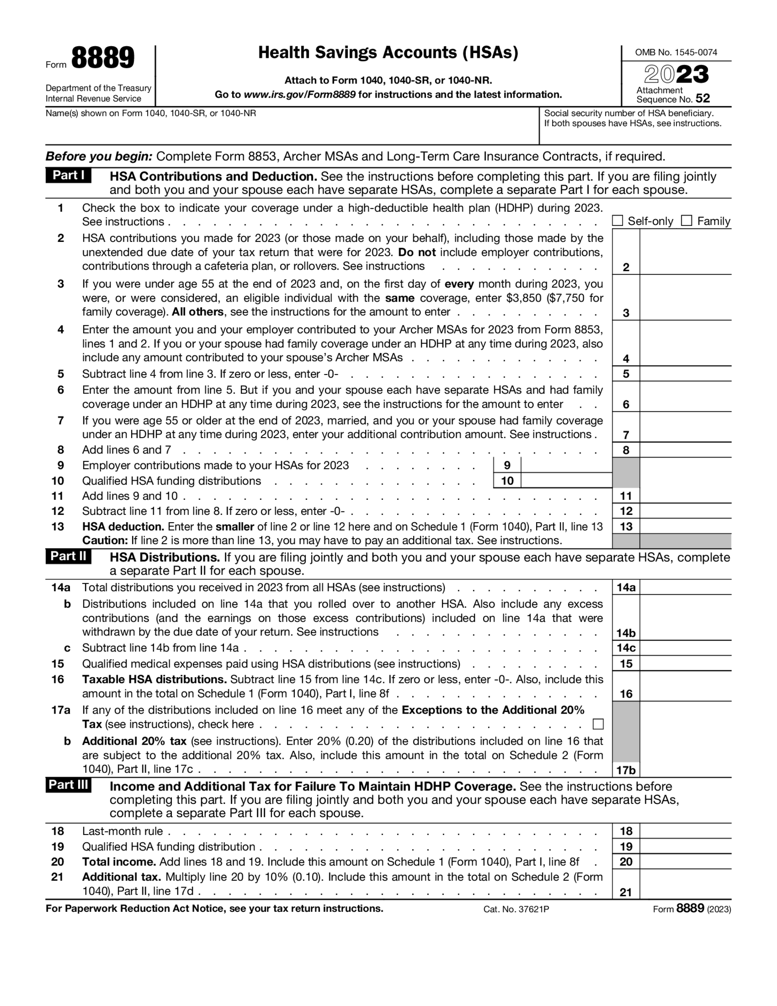 Form 8889 - Health Savings Accounts - Thumbnail