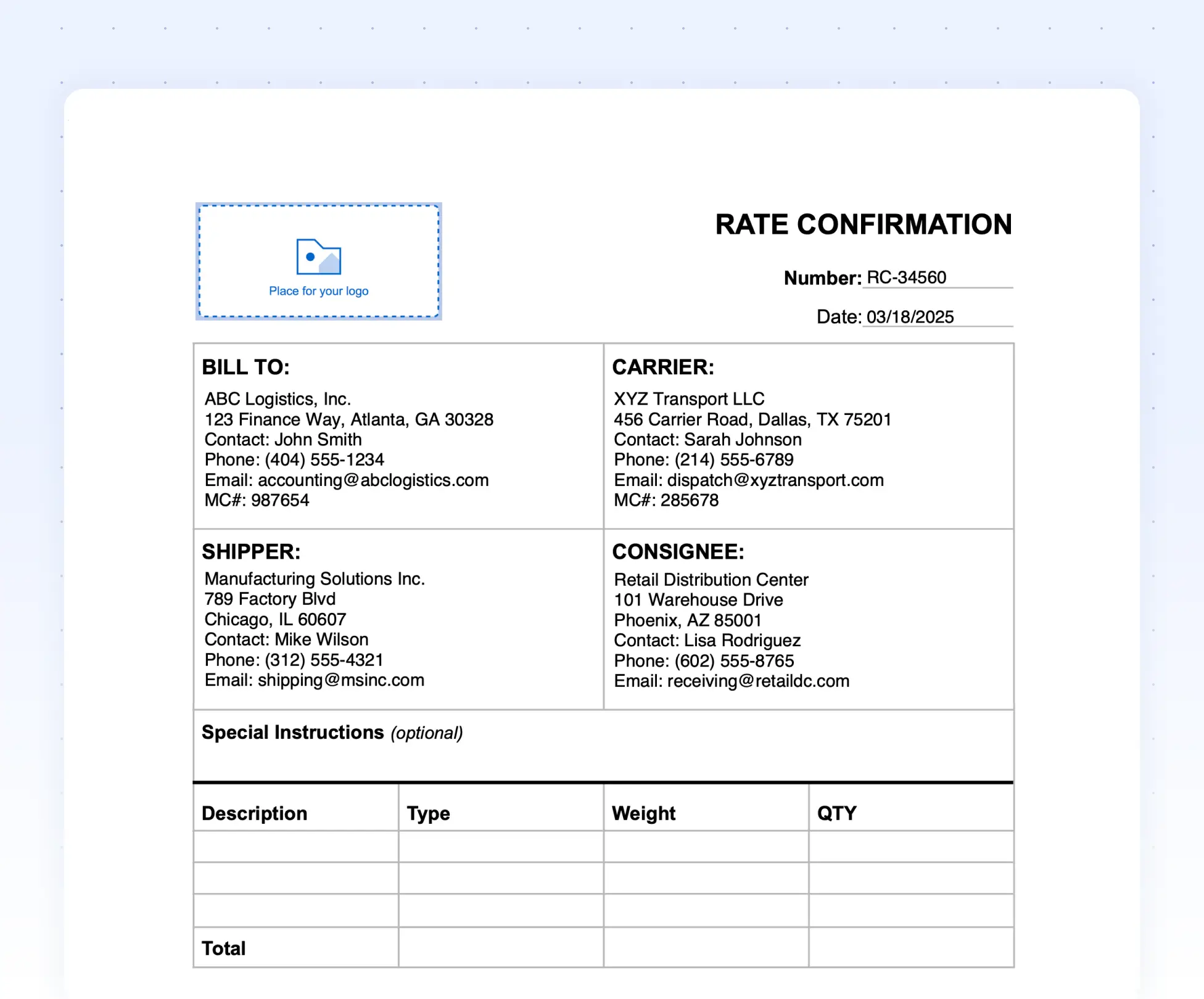 Rate Confirmation Template - Thumbnail