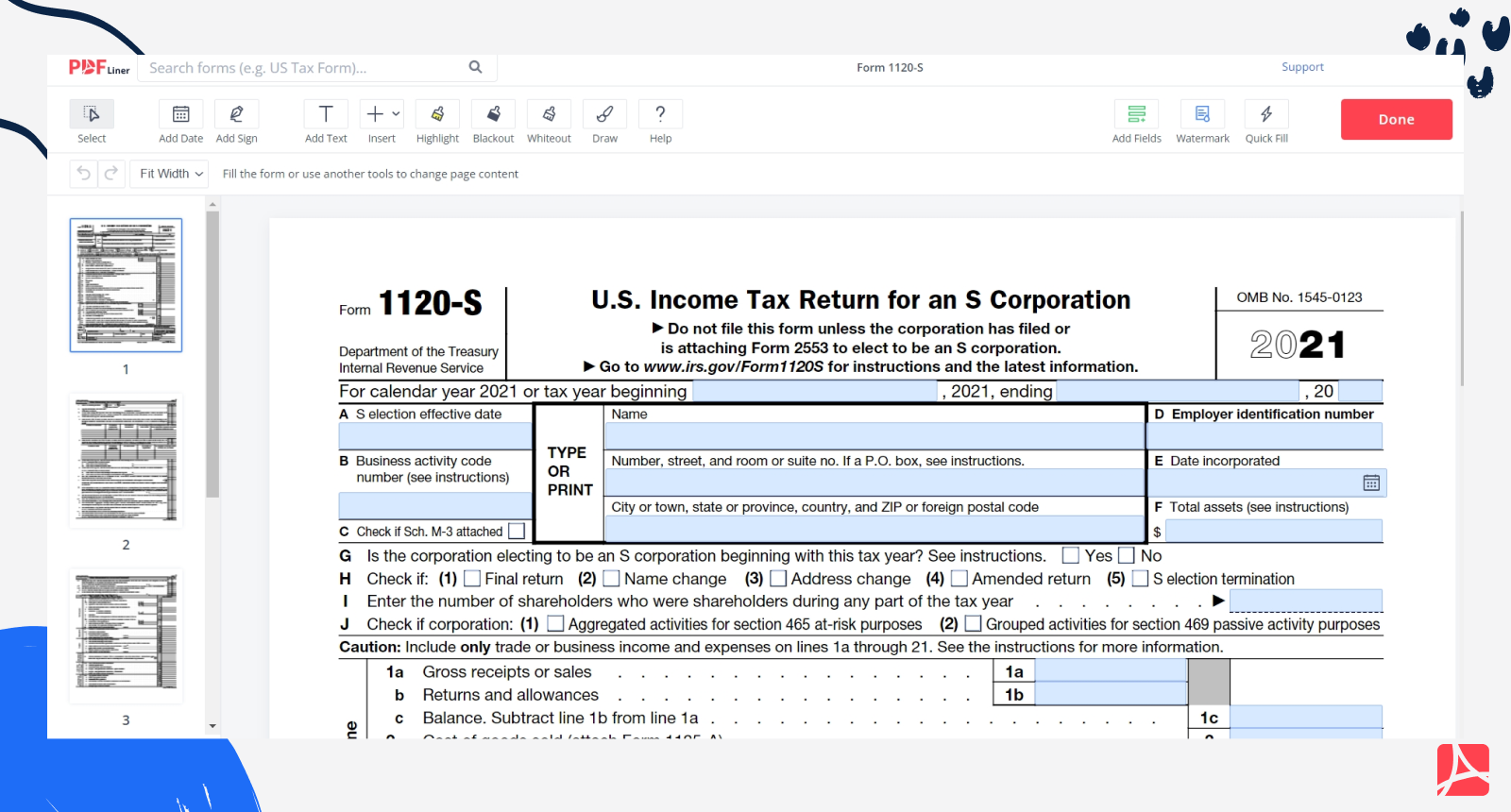 Form 1120-S first page in PDFLiner editor