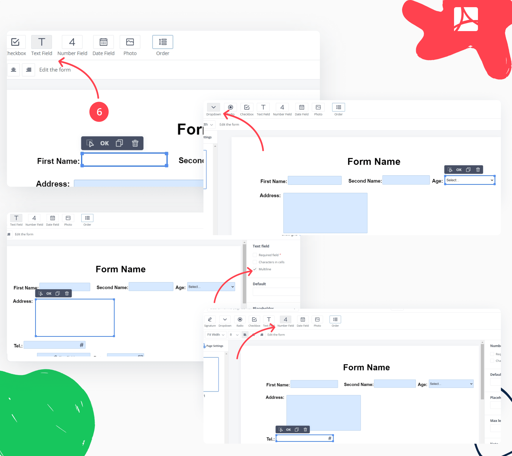 adding different types of fillable fields screenshots