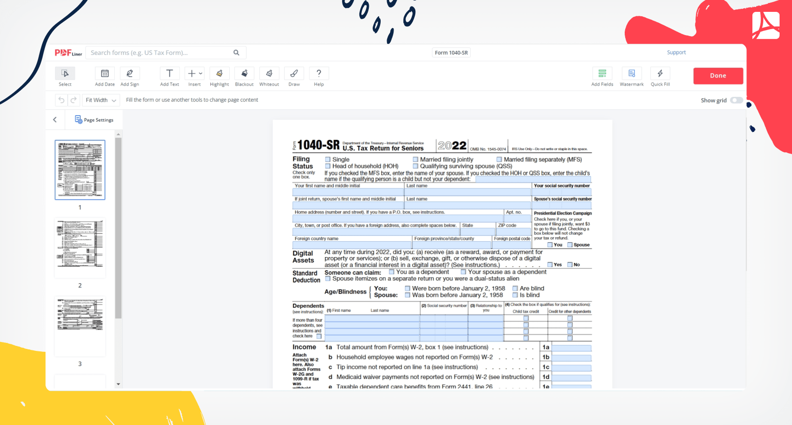 1040-SR Form in PDFLiner screenshot