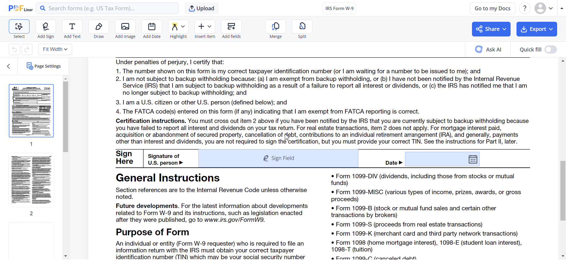 E-signing document in PDFLiner