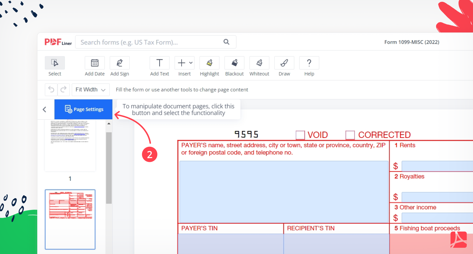 Clicking page settings in PDFLiner