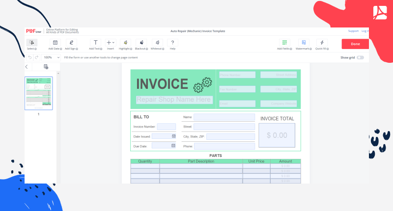 Auto Repair (Mechanic) Invoice Template