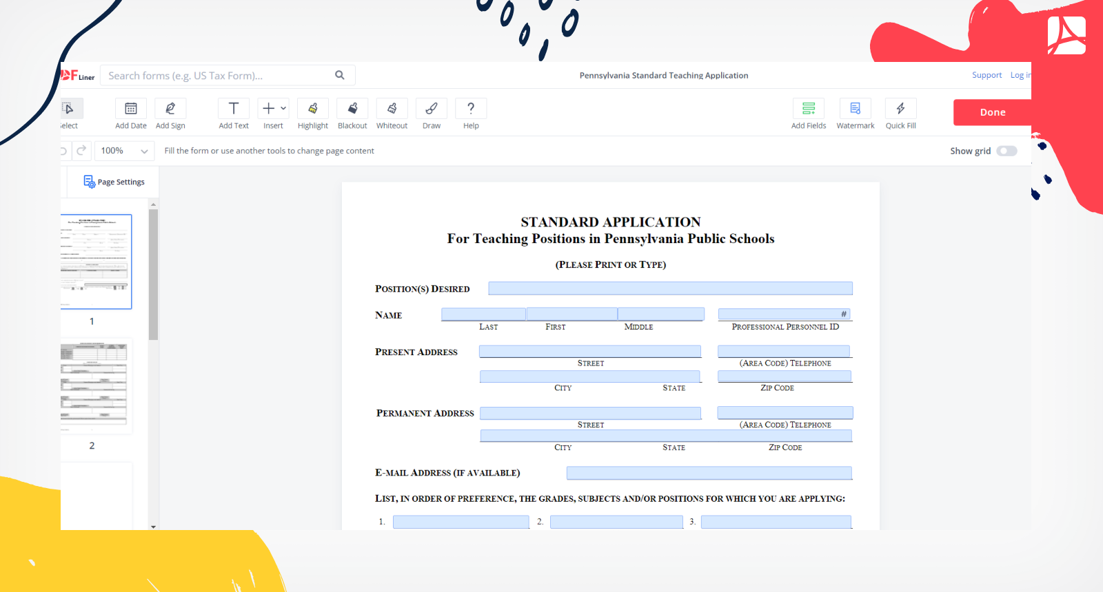 Pennsylvania Standard Teaching Application on PDFLiner