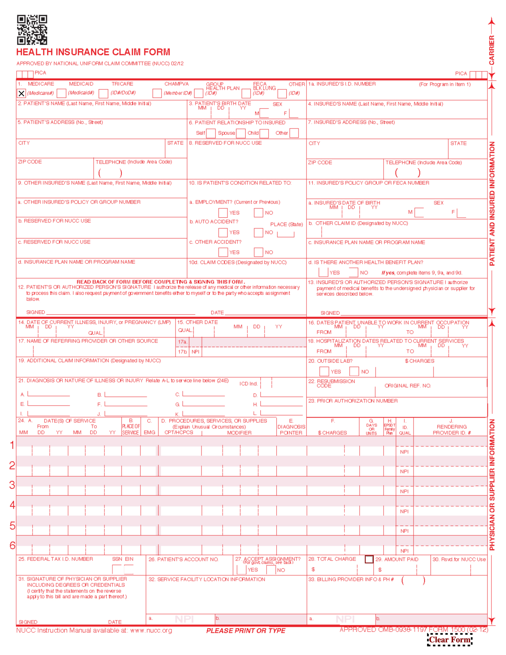 Fillable CMS 1500 Health Insurance Claim Form on PDFLiner