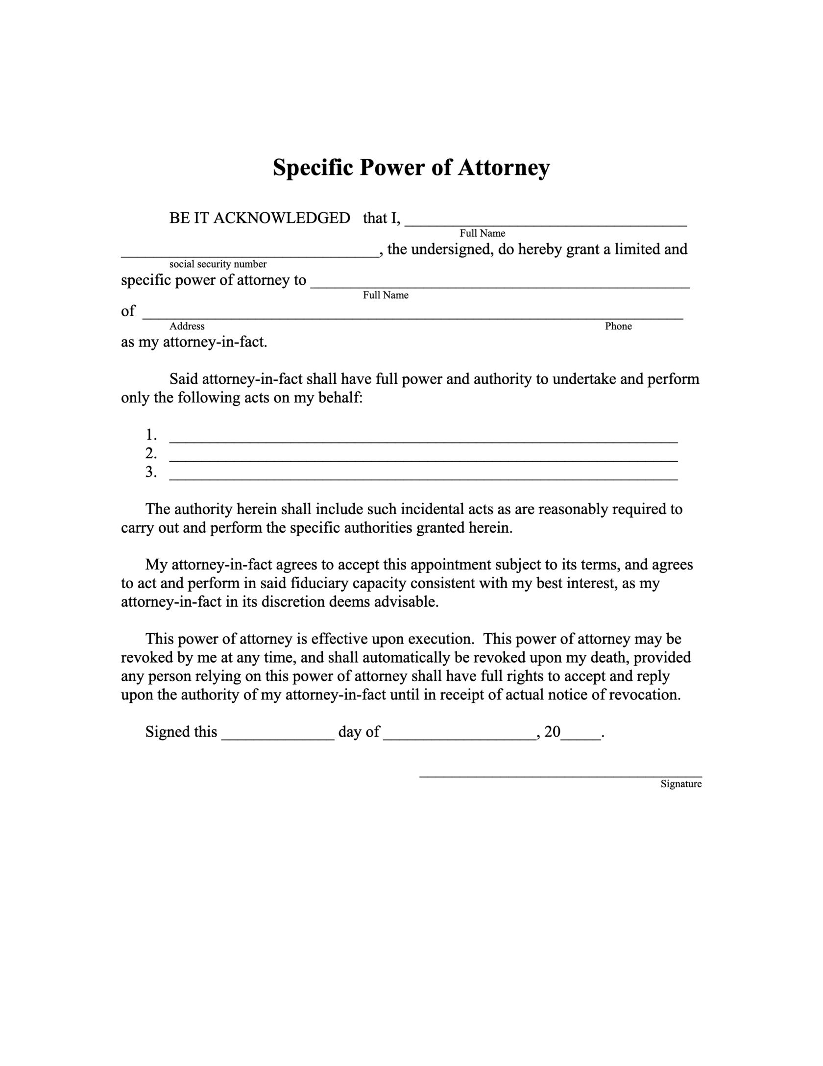 Specific Power of Attorney on PDFLiner